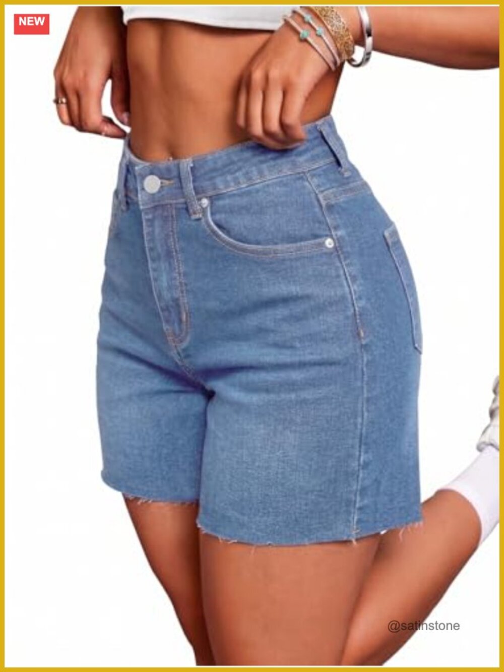 Women's Mid High Waisted Stretchy Denim Shorts Raw Hem Summer Casual